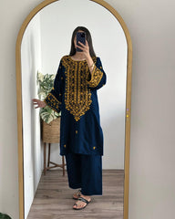 2 Pcs Women's Stitched Cotton Embroidered Shirt And Trouser
