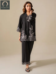 2 Pcs Women's Stitched Cotton Embroidered Shirt And Trouser