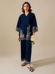 2 Pcs Women's Stitched Cotton Embroidered Shirt And Trouser