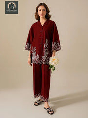2 Pcs Women's Stitched Cotton Embroidered Shirt And Trouser