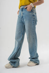 Baggy Fit Blue Denim Pants with Panel Stitch Detailing - Light Wash Style