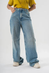 Baggy Fit Blue Denim Pants with Panel Stitch Detailing - Light Wash Style