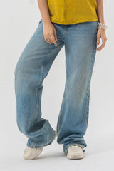 Baggy Fit Blue Denim Pants with Panel Stitch Detailing - Light Wash Style