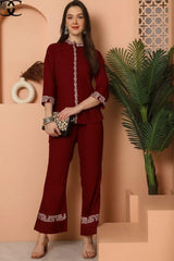 2 Pcs Women's Stitched Cotton Embroidered Shirt And Trouser