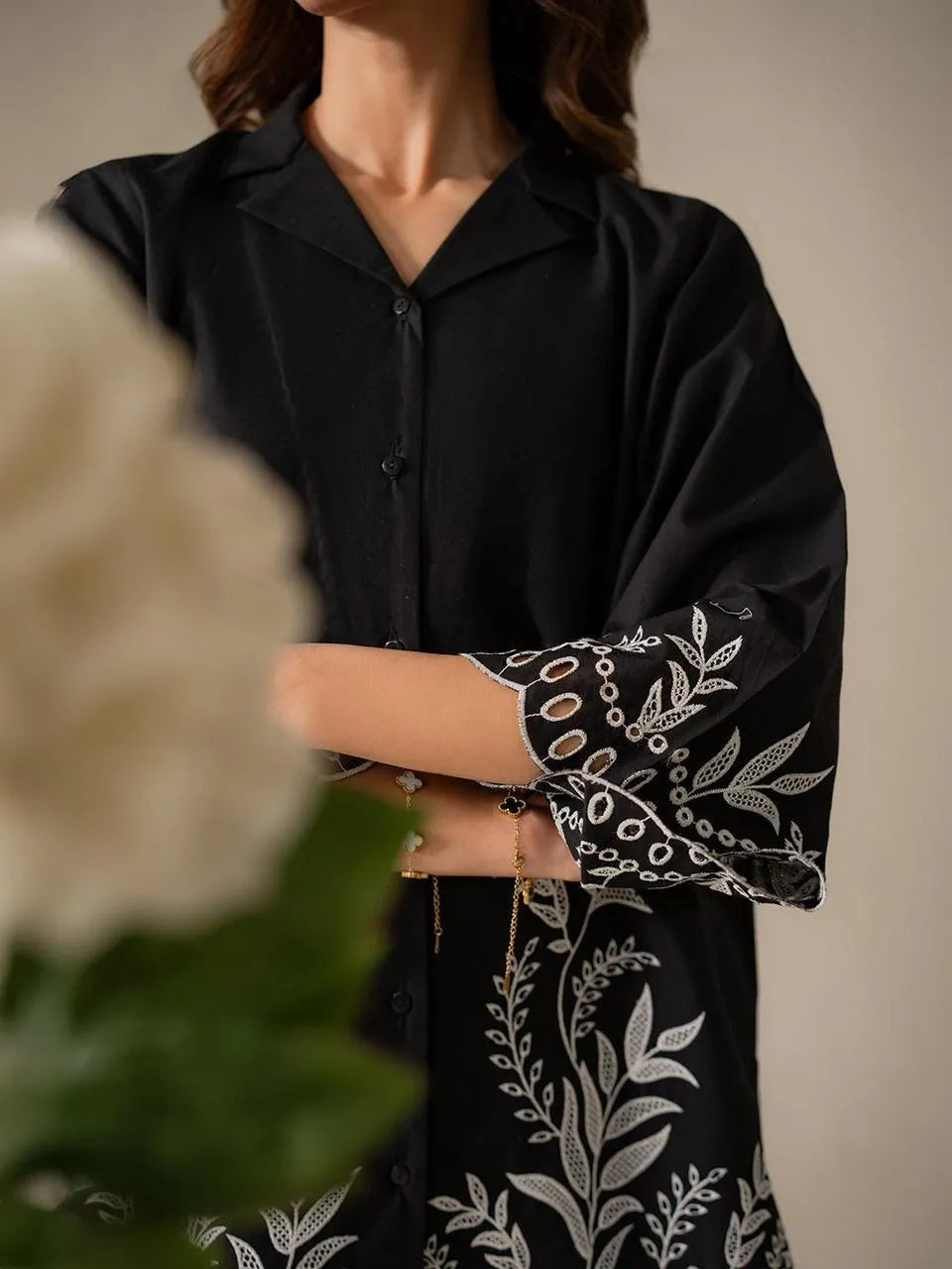 2 Pcs Women's Stitched Cotton Embroidered Shirt And Trouser
