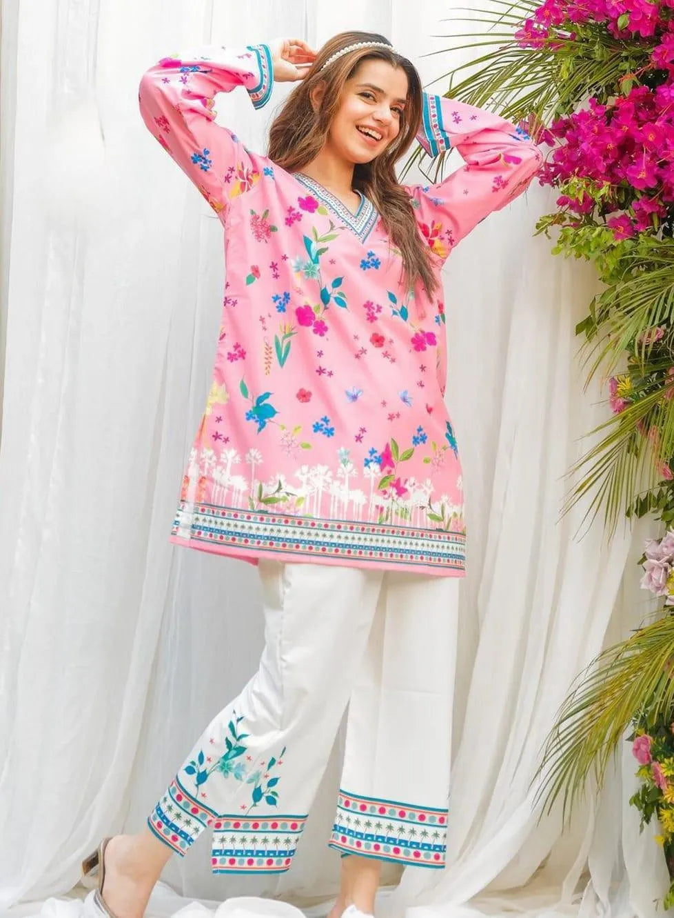 2 Pcs Women's Stitched Swiss Lawn Printed Shirt And Trouser