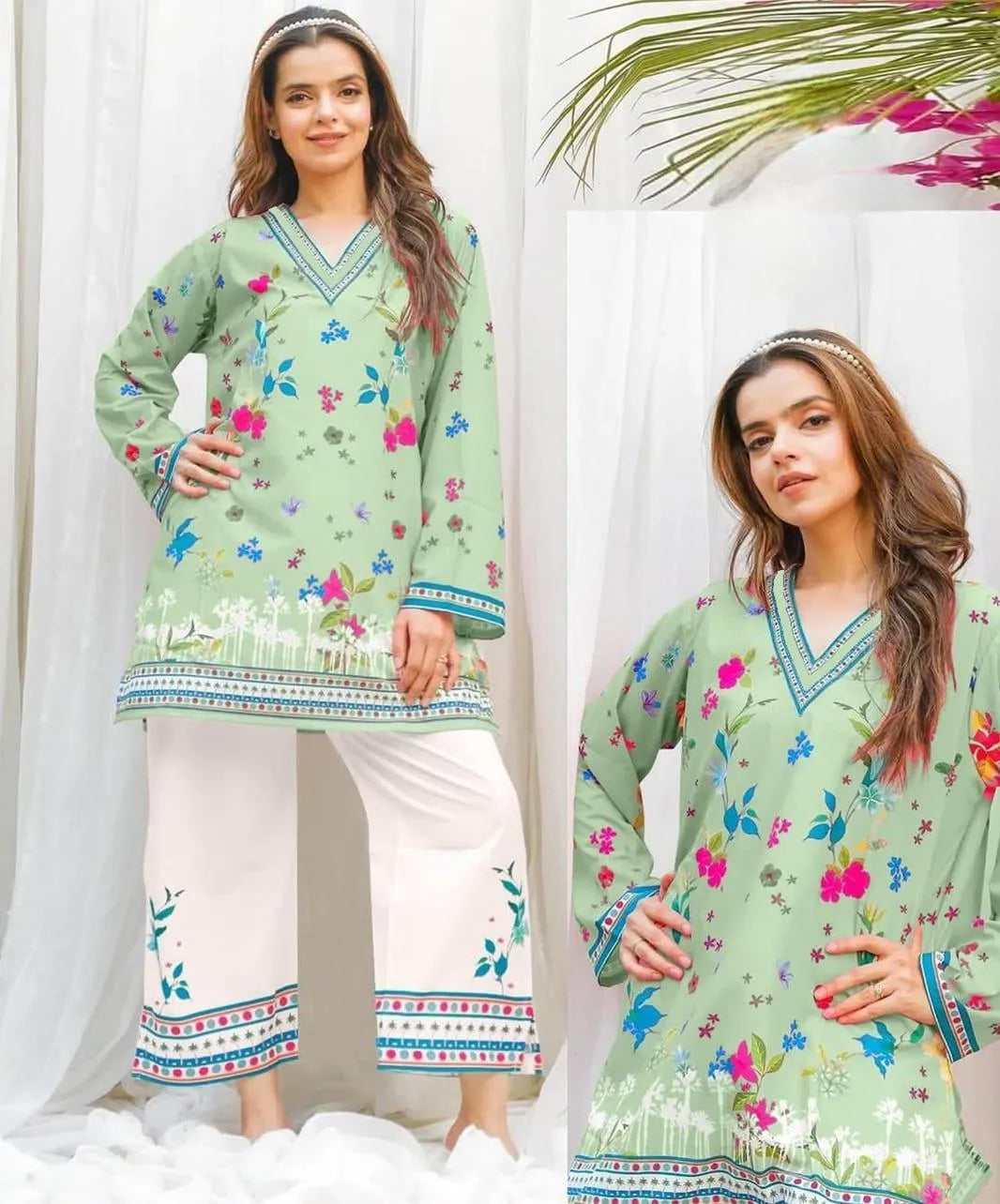 2 Pcs Women's Stitched Swiss Lawn Printed Shirt And Trouser