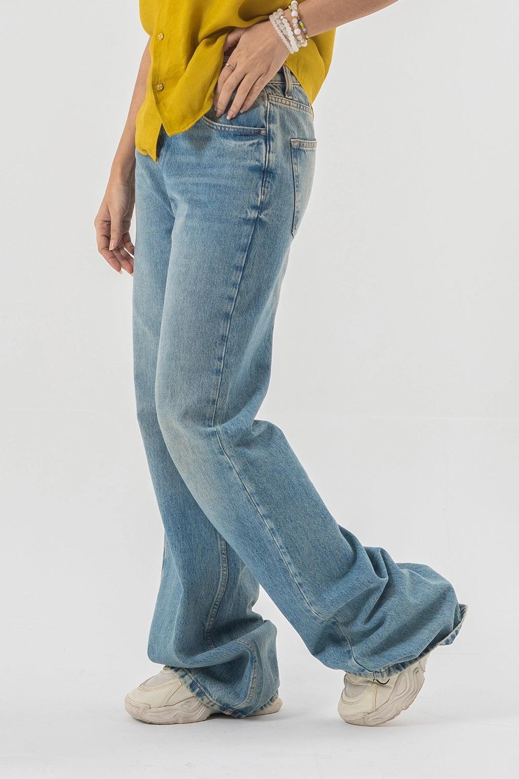 Baggy Fit Blue Denim Pants with Panel Stitch Detailing - Light Wash Style