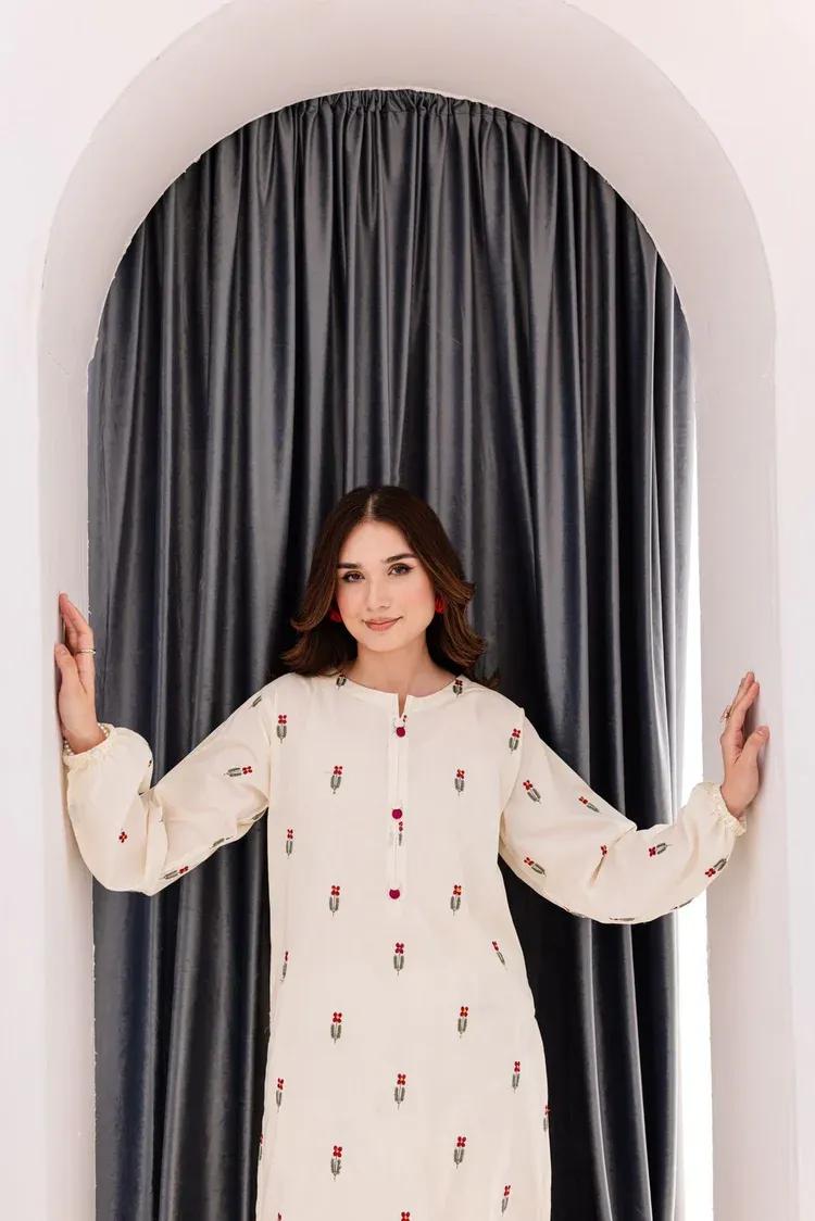 2 Pcs Women's Stitched Linen Embroidered Shirt And Trouser