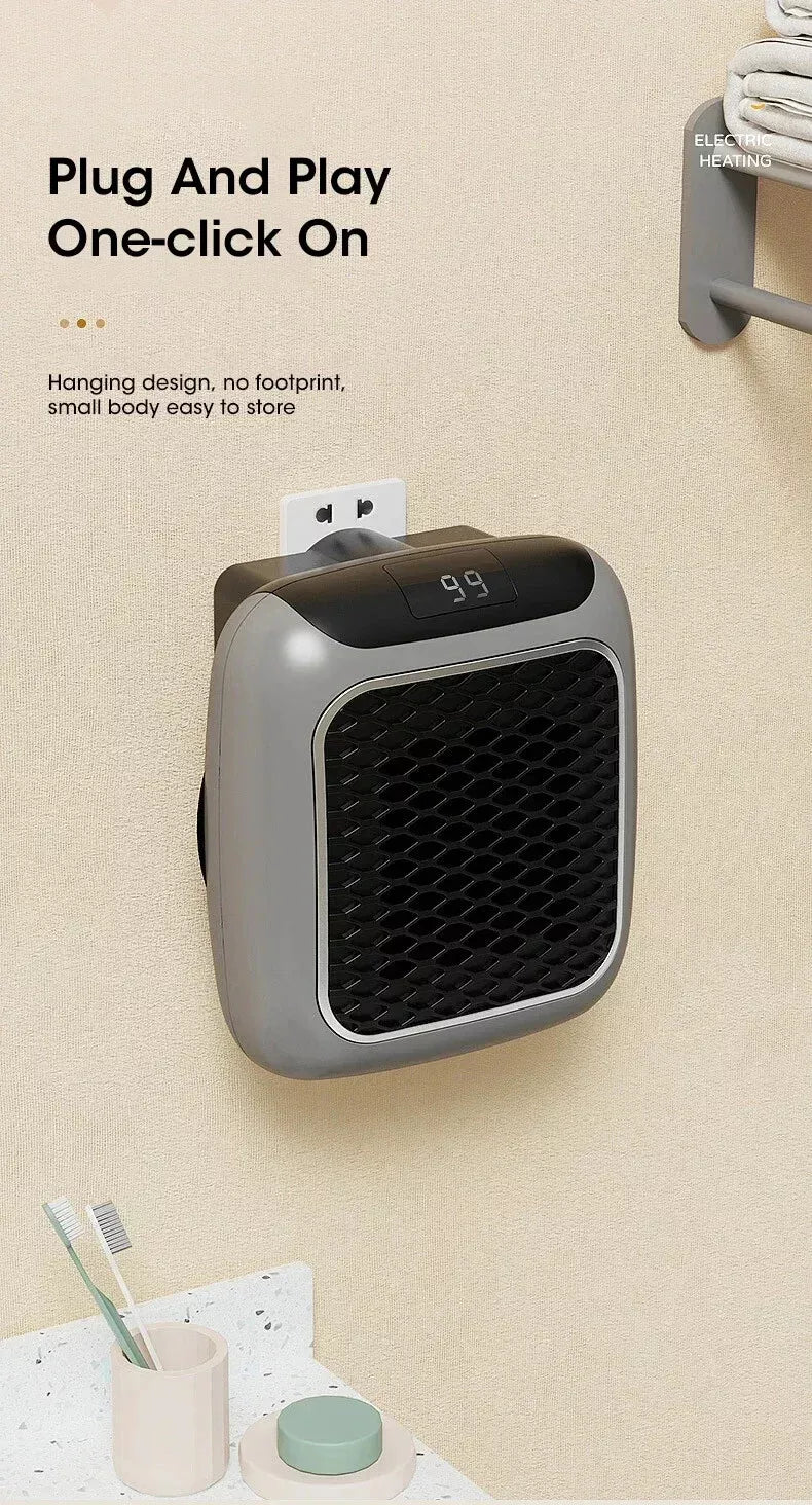 800W Space Heater Digital Electric Heater Wall Outlet Plug Small Fan Home Warmer
